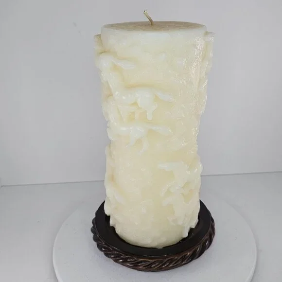 Decorative White Pillar Candle With Running Horses Design